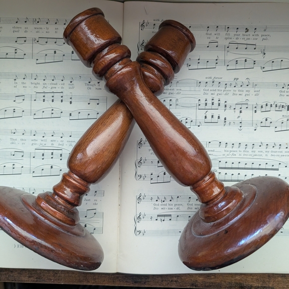 Vintage Pair Brown Wooden Candle Holders - Picture 1 of 7
